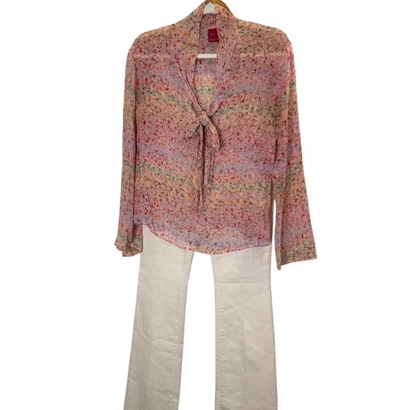 Johnny Was Silk Multi Color Tie-Front Blouse - Red, Green, Yellow sz M - Picture 10 of 11